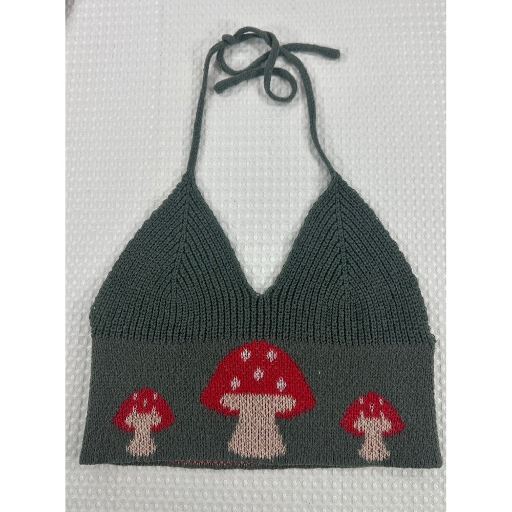 Knit Mushroom Crop Halter Top Green Red Fairycore Cottagecore Boho Small